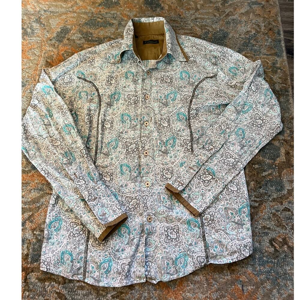 7 Diamonds Paisley Button-Down Shirt | Teal & Gray | Men’s Size M
